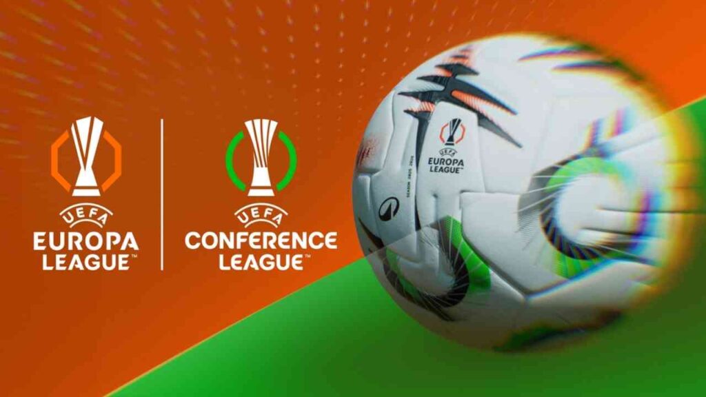 Fußball mit UEFA Europa League und UEFA Conference League Logos auf einem farbigen Hintergrund.