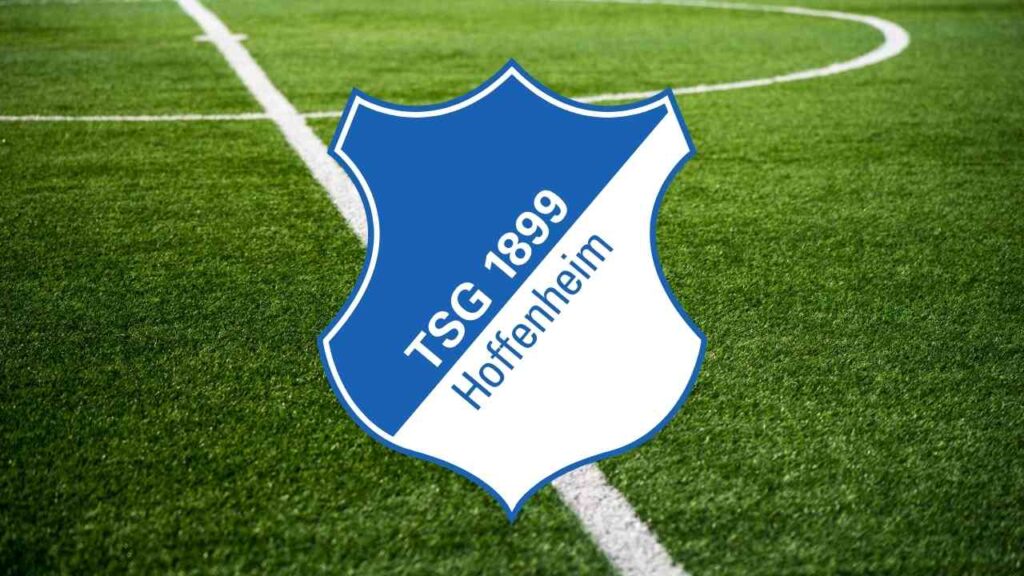 Wappen des Fußballvereins TSG 1899 Hoffenheim auf grünem Rasen.