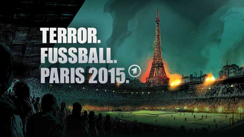 Grafik mit dem Eiffelturm und einem Fußballfeld, das an die Ereignisse in Paris 2015 erinnert.