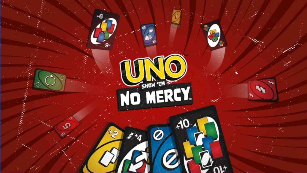 UNO Kartenspiel mit dem Titel 'Show 'Em No Mercy' und verschiedenen Spielkarten auf rotem Hintergrund.