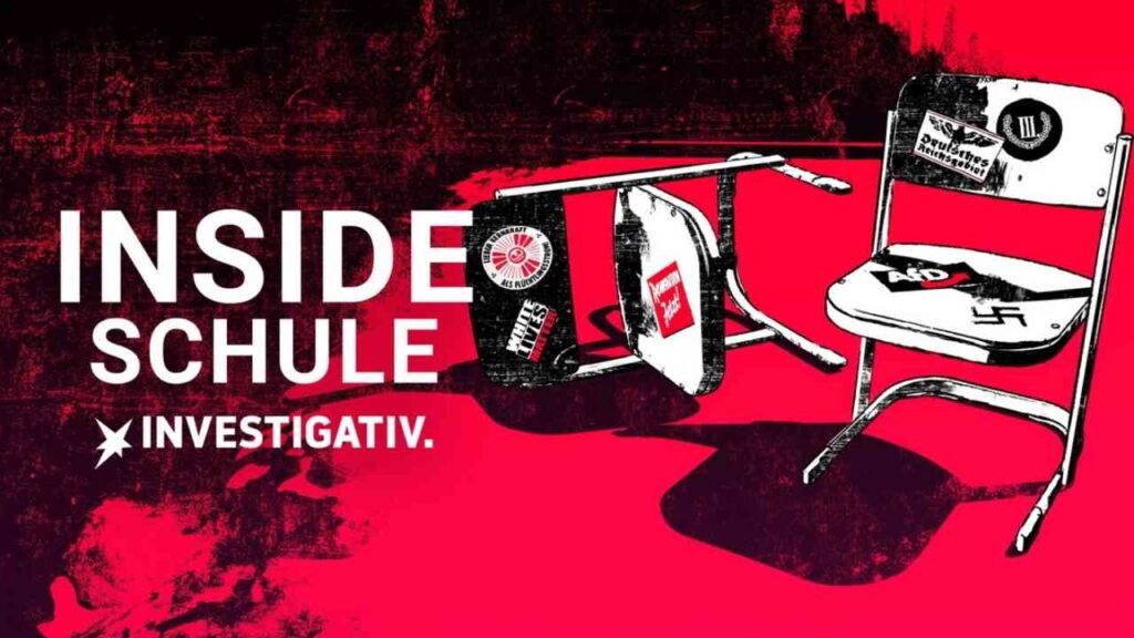 Grafik mit dem Text 'INSIDE SCHULE' und einem umgekippten Stuhl auf rotem Hintergrund.