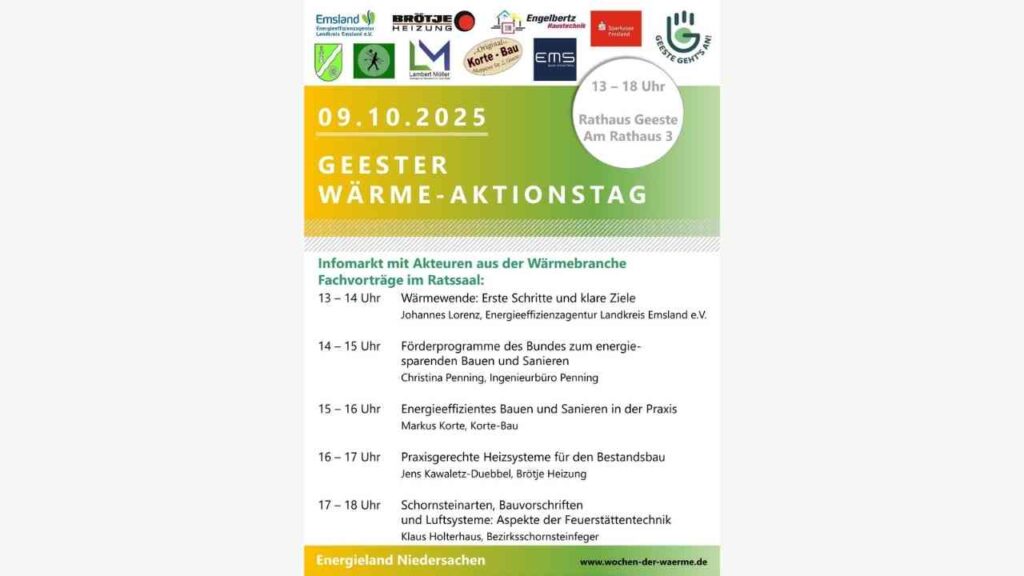 Infomarkt Geester Wärme-Aktionstag am 09.10.2025 im Rathaus Geeste, Vorträge zur Wärmewende und Energieeffizienz.