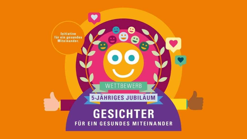 Buntes Wettbewerbslogo zum 5-jährigen Jubiläum mit einem lächelnden Gesicht und Symbolen für Gesundheit und Gemeinschaft.