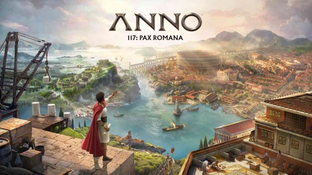 Grafik von Anno 117: Pax Romana, die eine antike Stadtlandschaft mit einem Kolosseum und einem Hafen zeigt.
