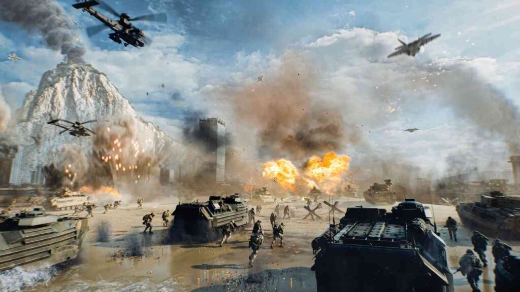 Dramatische Kampfszene mit Soldaten, Panzern und Hubschraubern in einer explosiven Umgebung.