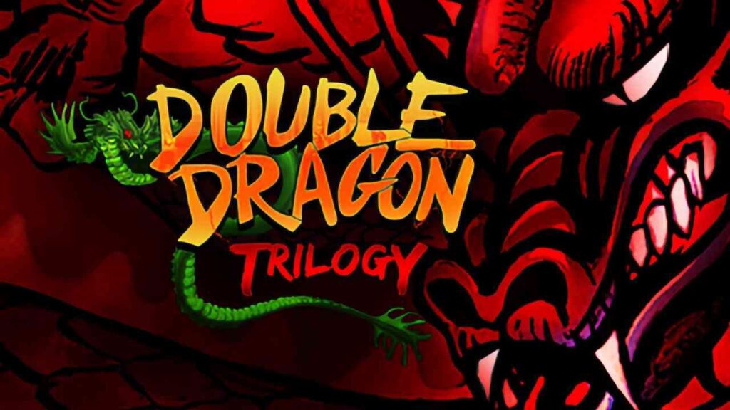 Logo der Double Dragon Trilogy mit einem Drachenmotiv und bunten Schriftzügen auf rotem Hintergrund.
