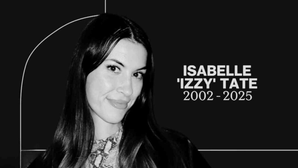 Schwarz-weiß Porträt von Isabelle 'Izzy' Tate mit ihrem Namen und Lebensdaten.