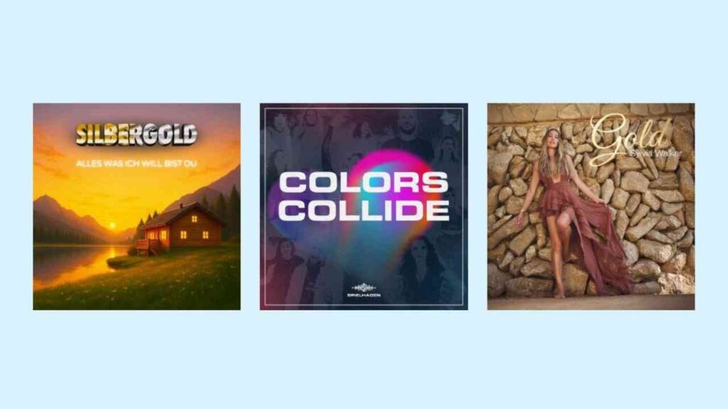 Drei Musikcover: Silbergold, Colors Collide und Gold, jeweils mit unterschiedlichen Designs und Farben.