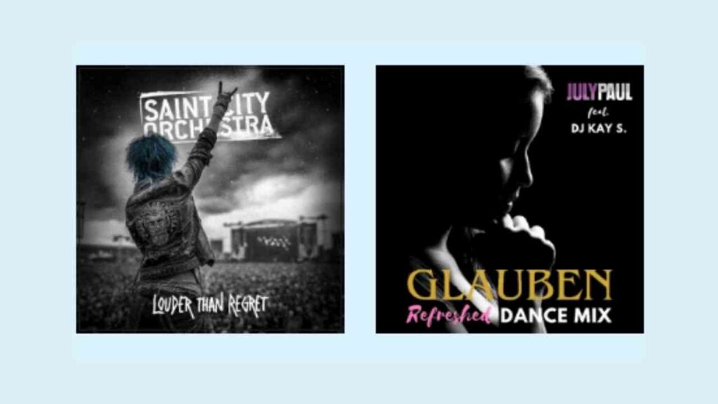 Albumcover von Saint City Orchestra mit dem Titel 'Louder Than Regret' und von July Paul mit dem Titel 'Glauben Reworked Dance Mix'.