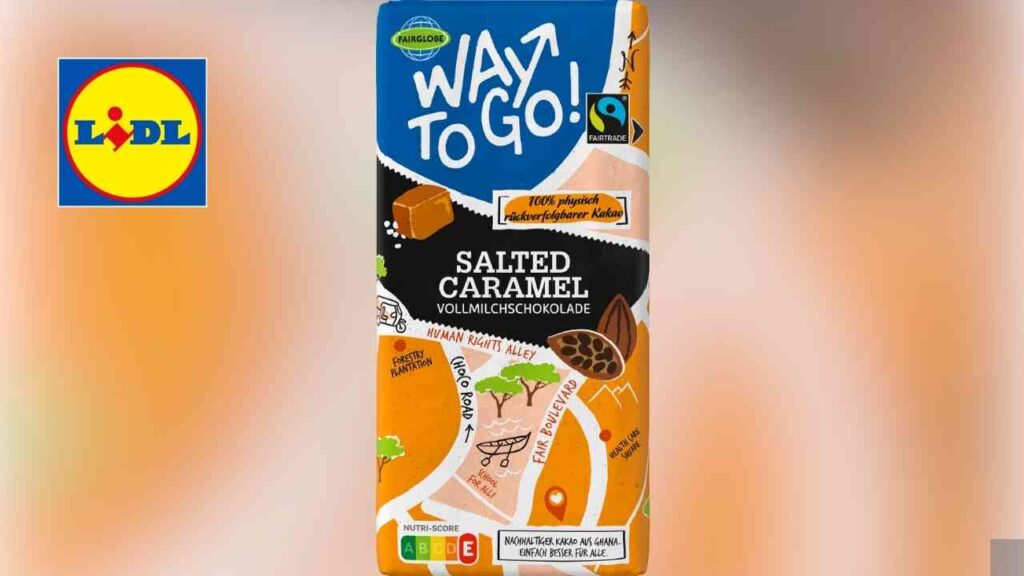 Verpackung von gesalzener Karamellvollmilchschokolade der Marke Way To Go von Lidl.