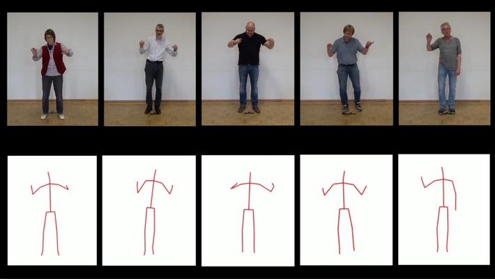 Sechs Personen in verschiedenen Posen, die mit ihren Händen Gesten machen, begleitet von skizzierten Figuren in roter Farbe.