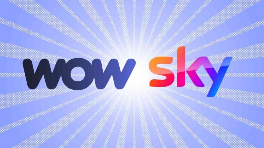 Logo von Wow Sky mit blauen und bunten Schriftzügen auf einem strahlenden Hintergrund.