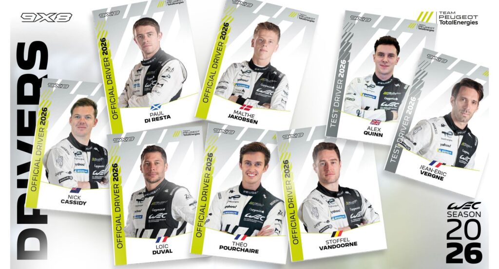 Offizielle Fahrer 2026 des Team Peugeot TotalEnergies mit Portraits von acht Fahrern in einem grafischen Layout.