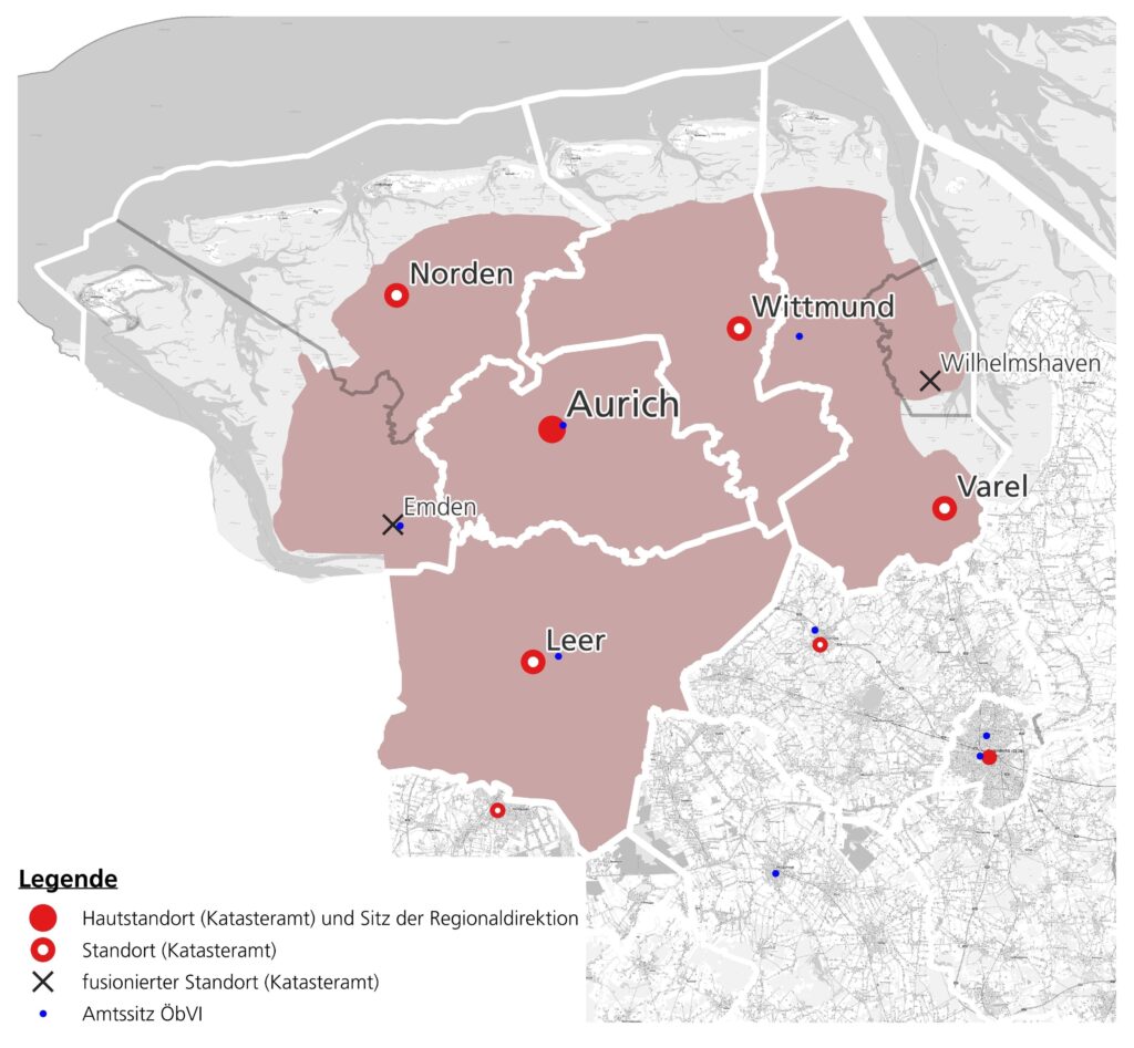 Karte von Aurich und Umgebung mit markierten Standorten und einer Legende zur Regionaldirektion.