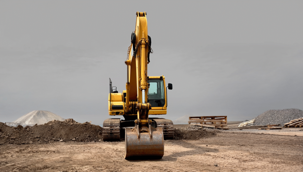 Gelber Bagger mit Schaufel auf einer Baustelle, bereit zum Einsatz im Erdbewegungsbereich.