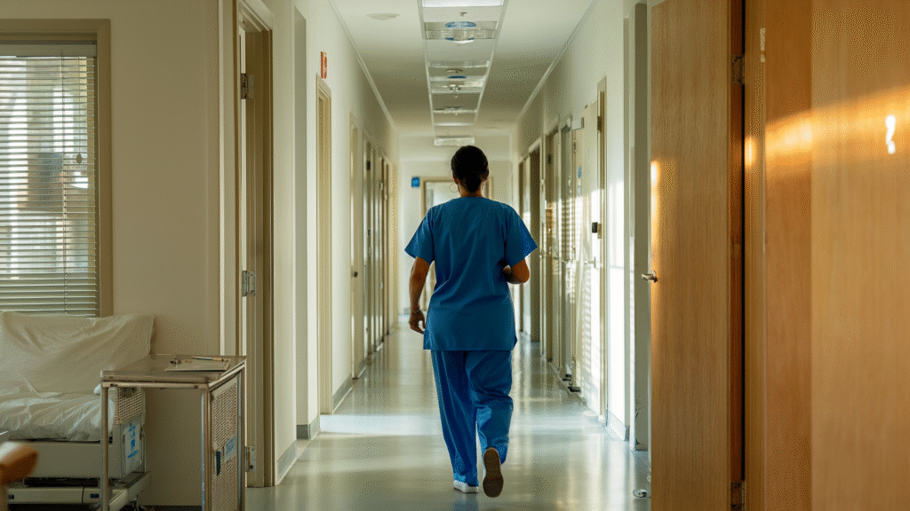 Krankenpfleger in blauer Uniform, der einen Krankenhausflur entlanggeht.