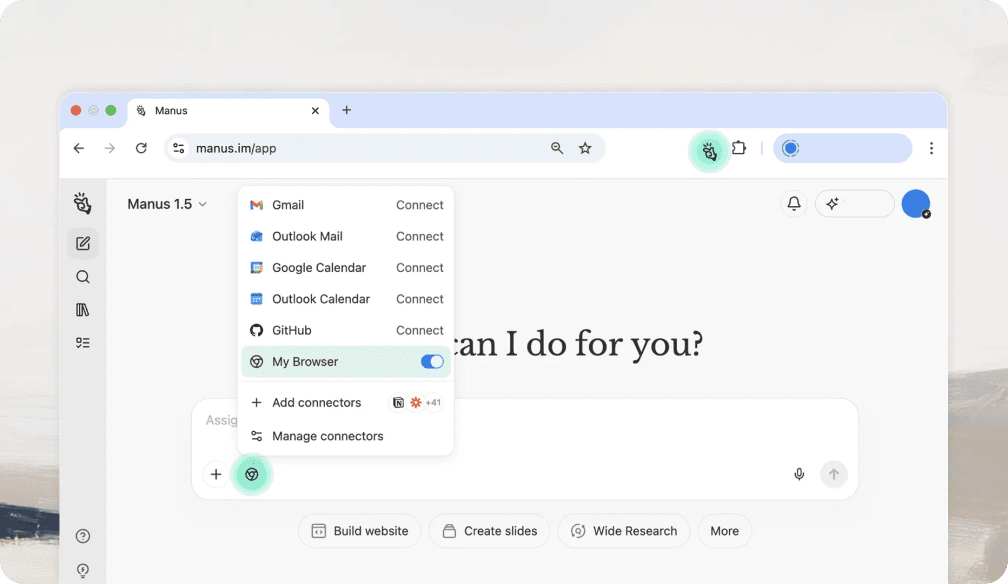 Screenshot der Manus-Anwendung mit verschiedenen Verbindungsoptionen wie Gmail, Outlook Mail und Google Kalender.