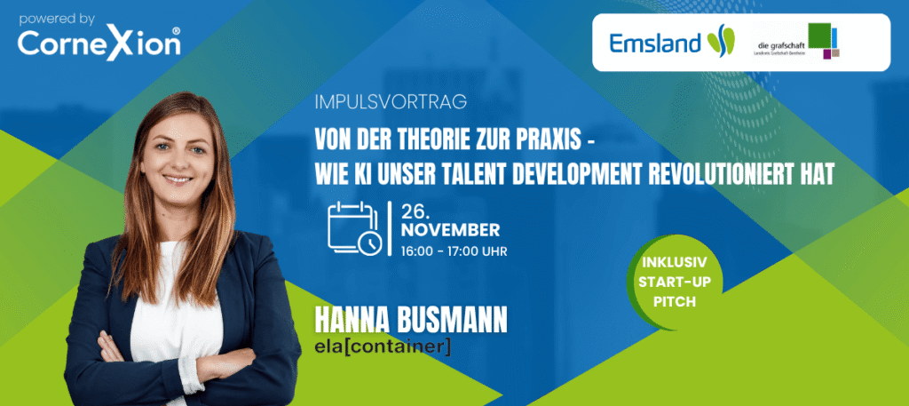 Frau mit langen, braunen Haaren in einem professionellen Outfit, präsentiert einen Vortrag über Talententwicklung und KI.