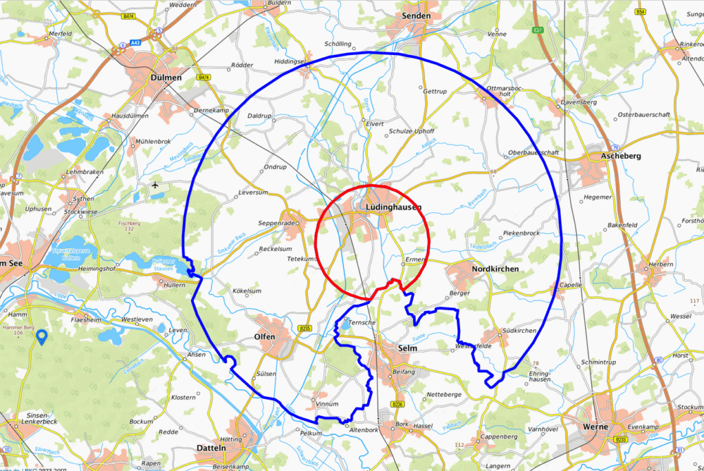 Kartenansicht mit Restriktionszonen um Ludinghausen, einschließlich blauer und roter Umrandung.