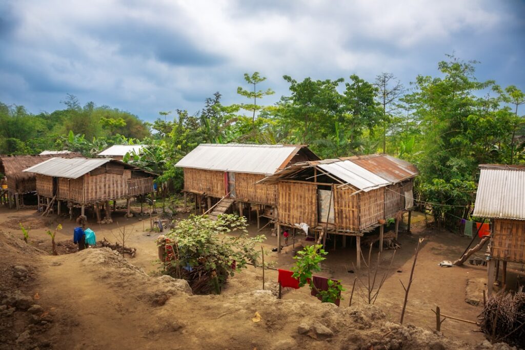 Traditionelle Holzhäuser auf Stelzen in einem ländlichen Gebiet mit Bäumen und Pflanzen.