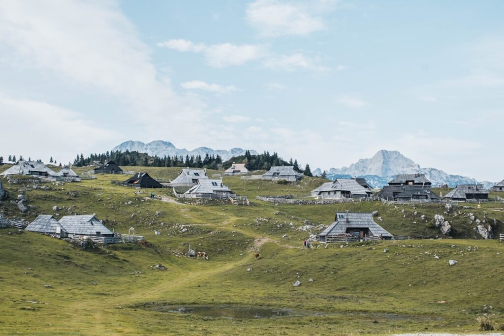 Traditionelle Almhütten auf einer Wiese in den Bergen mit grüner Landschaft und blauen Himmel.