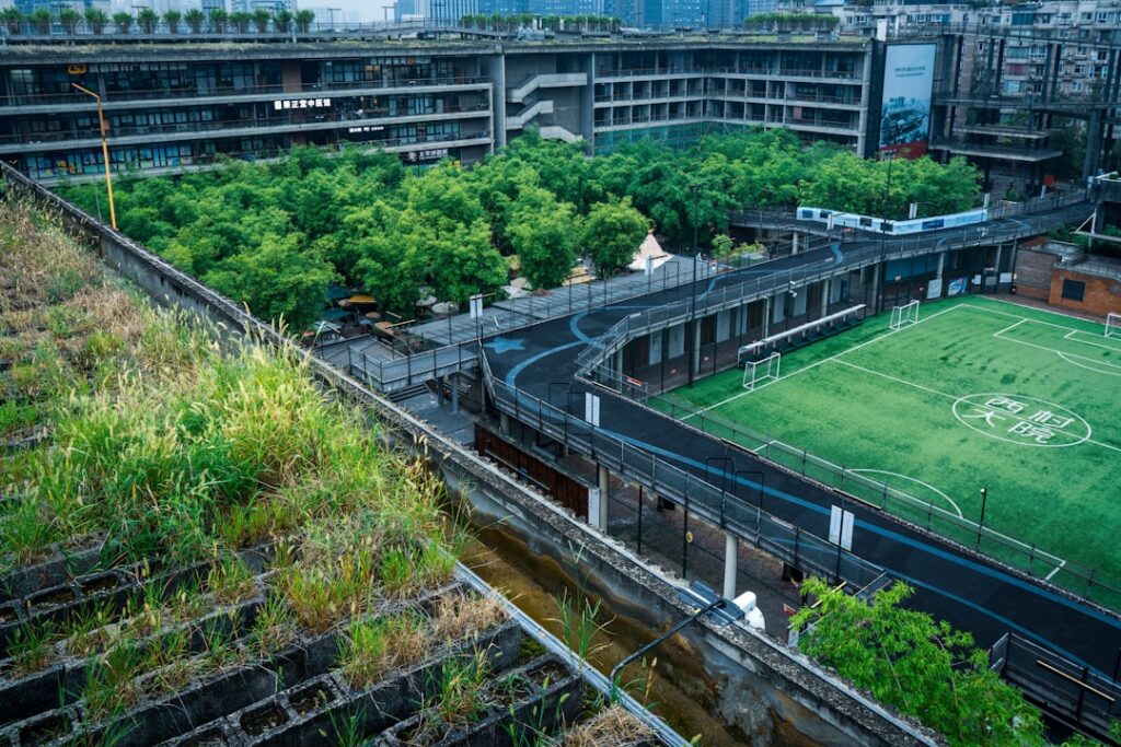 Grün bewachsene Dachlandschaft mit einem Sportplatz und umgebenden Gebäuden in einer urbanen Umgebung.