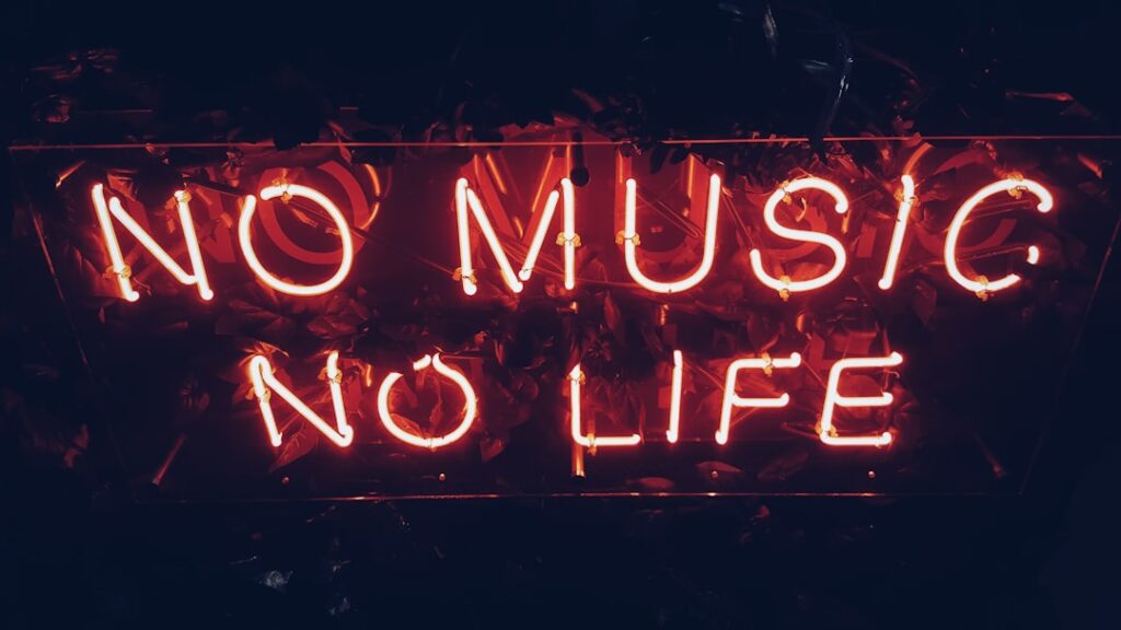 Neonzeichen mit der Aufschrift 'No Music No Life' in leuchtendem Rot auf schwarzem Hintergrund.