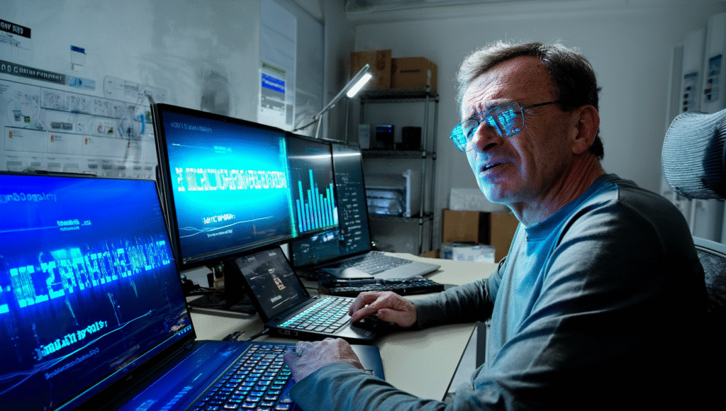 Mann mit Brille arbeitet an mehreren Computern in einem Büro mit Datenvisualisierungen auf den Bildschirmen.