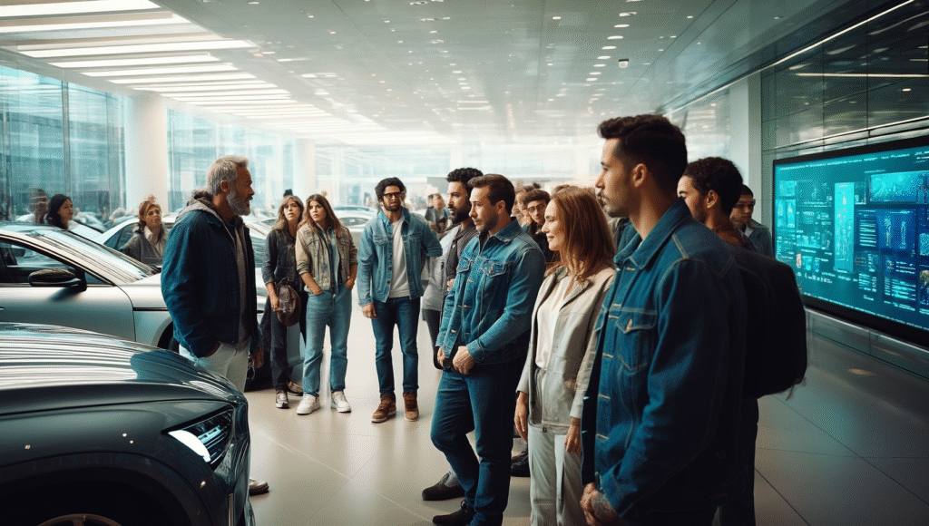 Gruppe von Menschen, die einem Präsentator in einem modernen Autohaus zuhören, während sie sich um ein Auto versammeln.