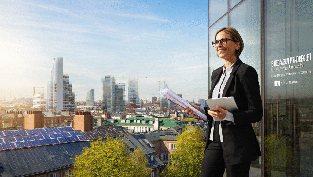 Frau mit Brille hält Baupläne und Tablet in der Hand, steht vor einem modernen Stadtpanorama.