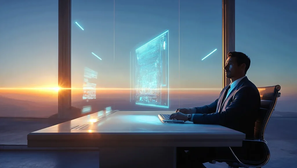 Mann in Anzug sitzt an einem Schreibtisch und betrachtet holografische Daten in einem modernen Büro mit Sonnenuntergang.