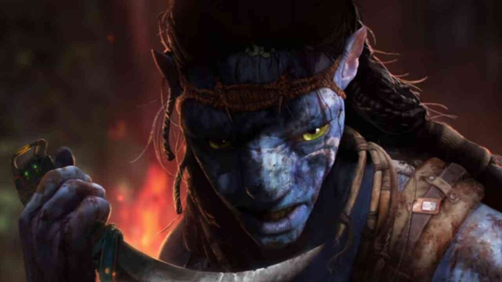 Figur eines blauen humanoiden Charakters mit einem Messer in der Hand und einem intensiven Blick.