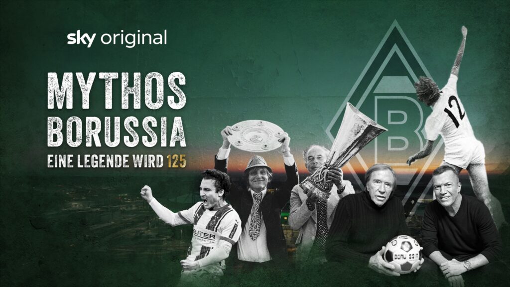 Collage mit historischen Momenten von Borussia Mönchengladbach, einschließlich Trophäen und legendären Spielern.