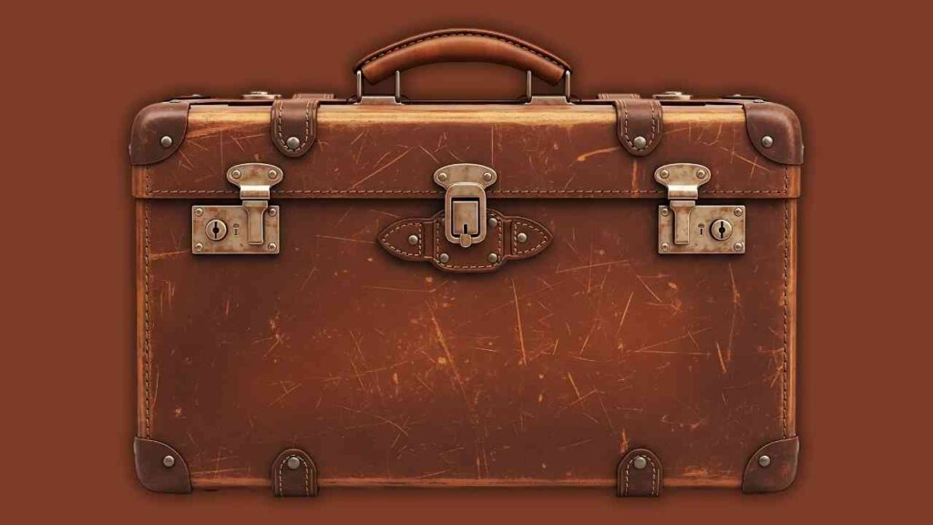 Brauner, abgenutzter Koffer mit Metallverschlüssen und einem Griff auf der Oberseite.