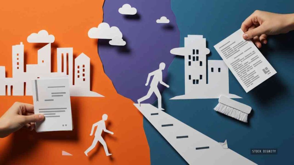 Papierfiguren und Dokumente auf einem bunten Hintergrund, der eine Stadtlandschaft darstellt.