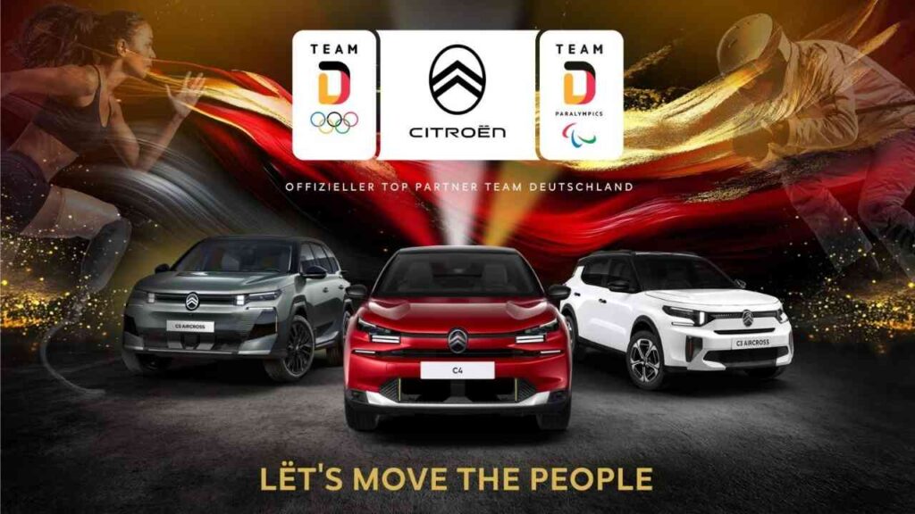 Drei Citroën Fahrzeuge in einer Werbegrafik für Team Deutschland mit olympischen Symbolen.