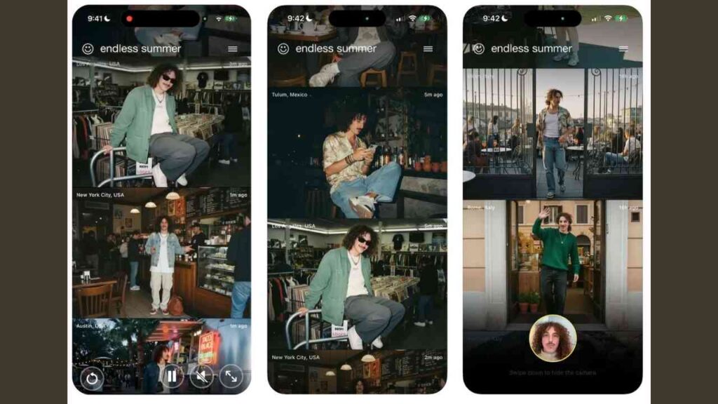 Drei Screenshots der App 'Endless Summer' mit verschiedenen Benutzeroberflächen und einem Nutzer in urbaner Umgebung.