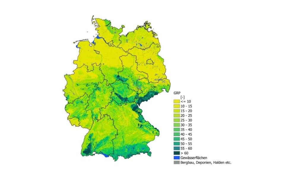 Karte von Deutschland mit farblichen Schattierungen zur Darstellung von Radonwerten in verschiedenen Regionen.