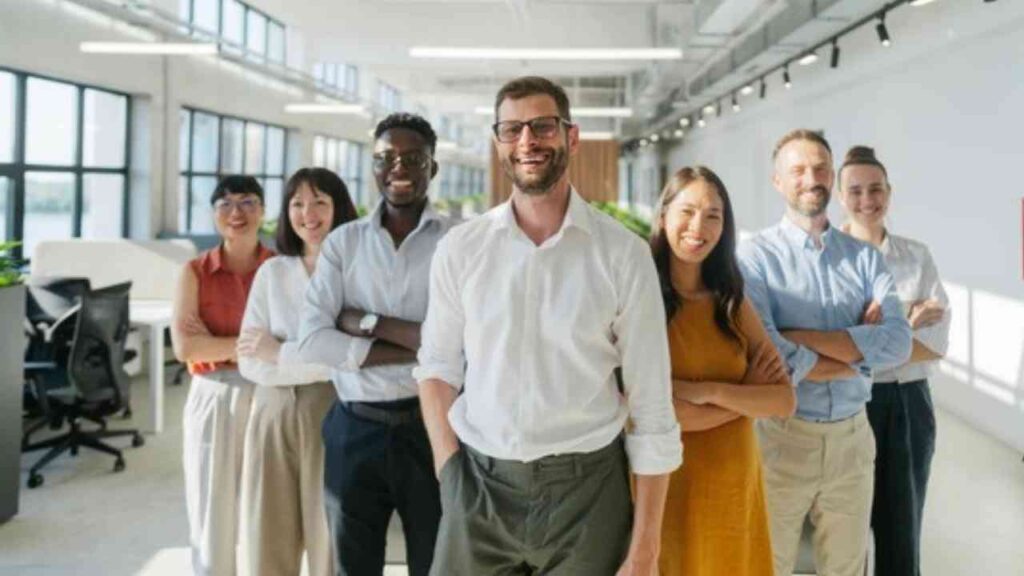Gruppe von sieben Personen, die in einem modernen Büro lächeln und aufgestellt sind, mit verschiedenen Kleidungsstilen.