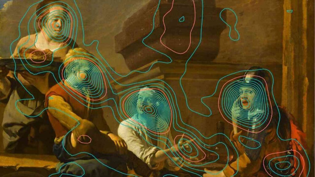 Gemälde mit mehreren Figuren, die miteinander interagieren, umgeben von farbigen Konturen.