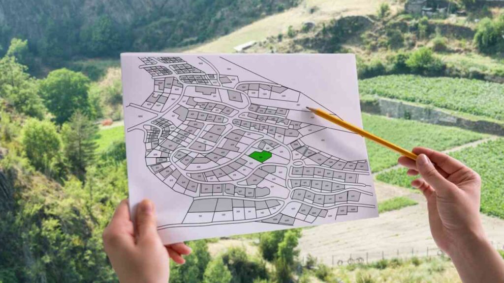 Hand, die einen Stadtplan mit Grundstücksverteilung und einem hervorgehobenen Grundstück in der Mitte hält.