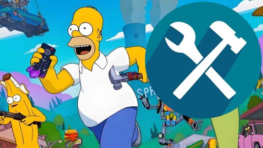 Homer Simpson läuft mit einem Werkzeug und einer Spielkonsole in der Hand, umgeben von bunten Charakteren aus der Serie.