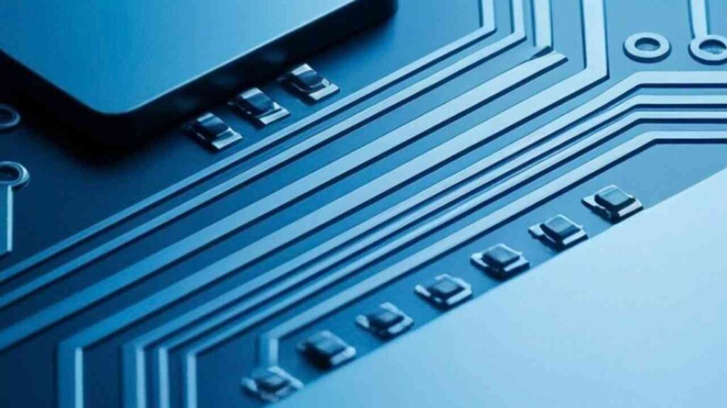 Nahaufnahme einer blauen Leiterplatte mit integrierten Schaltungen und elektrischen Verbindungen.