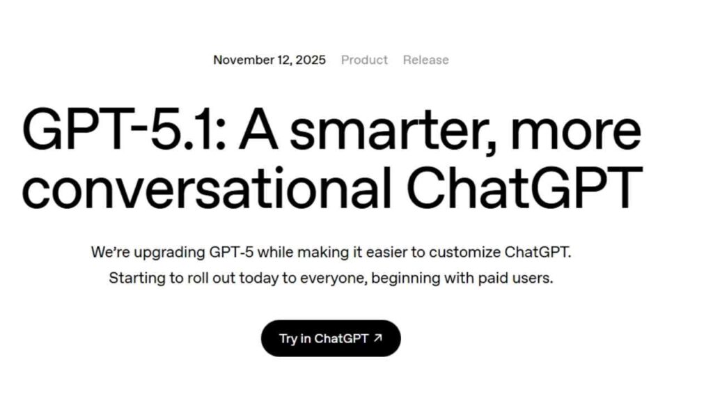 Ankündigung von GPT-5.1 mit dem Titel 'GPT-5.1: Ein intelligenterer, gesprächigerer ChatGPT' auf einer Webseite.