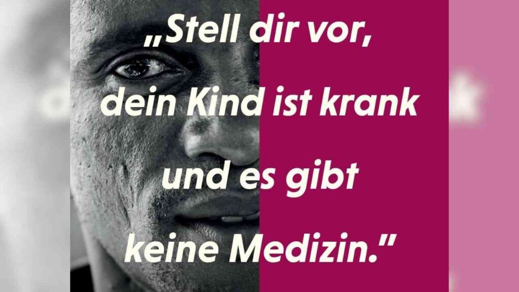 Ein Gesicht eines Mannes mit einem nachdenklichen Ausdruck, geteilt durch einen Text über Krankheit und Medizin.