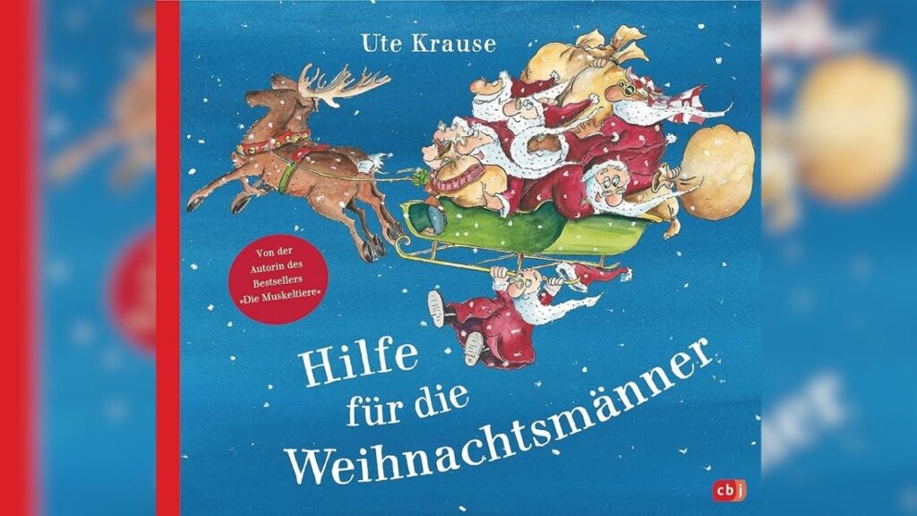Buchcover von 'Hilfe für die Weihnachtsmänner' mit Illustrationen von Weihnachtsmännern und einem Rentier im Schlitten.