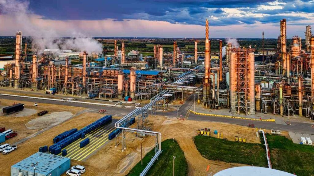 Luftaufnahme eines großen Industriekomplexes mit Raffinerien und Rohrleitungen in einer ländlichen Umgebung.