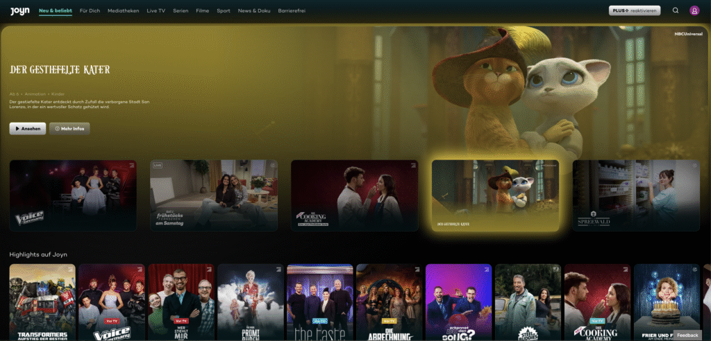 Benutzeroberfläche von Joyn mit verschiedenen Film- und Serienangeboten, einschließlich 'Der gestiefelte Kater'.