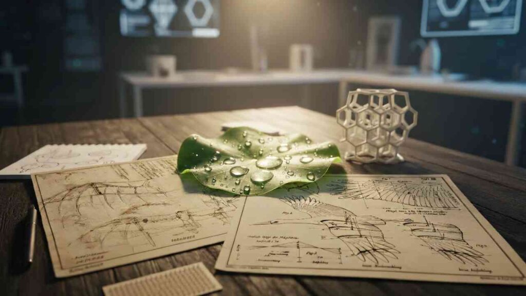 Blatt mit Wassertropfen auf Zeichnungen von biologischen Strukturen und einem geometrischen Objekt auf einem Tisch.