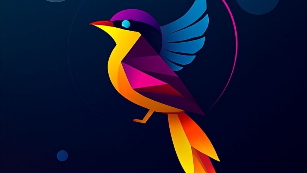 Buntes, geometrisches Design eines Vogels mit leuchtenden Farben auf dunklem Hintergrund.